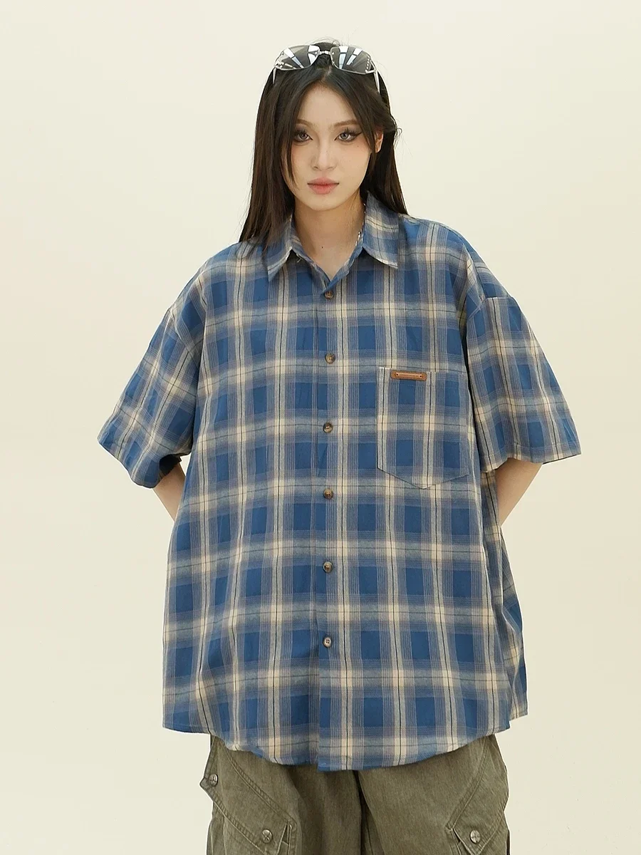 

Plaid Short-sleeved Shirt 2024 Summer New Loose Bf American Retro College Style Couple Top Women