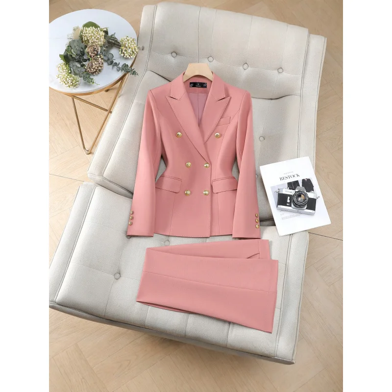 Elegant double-breasted women's suit set, new spring and autumn professional formal wear, stylish goddess-style two-piece blazer