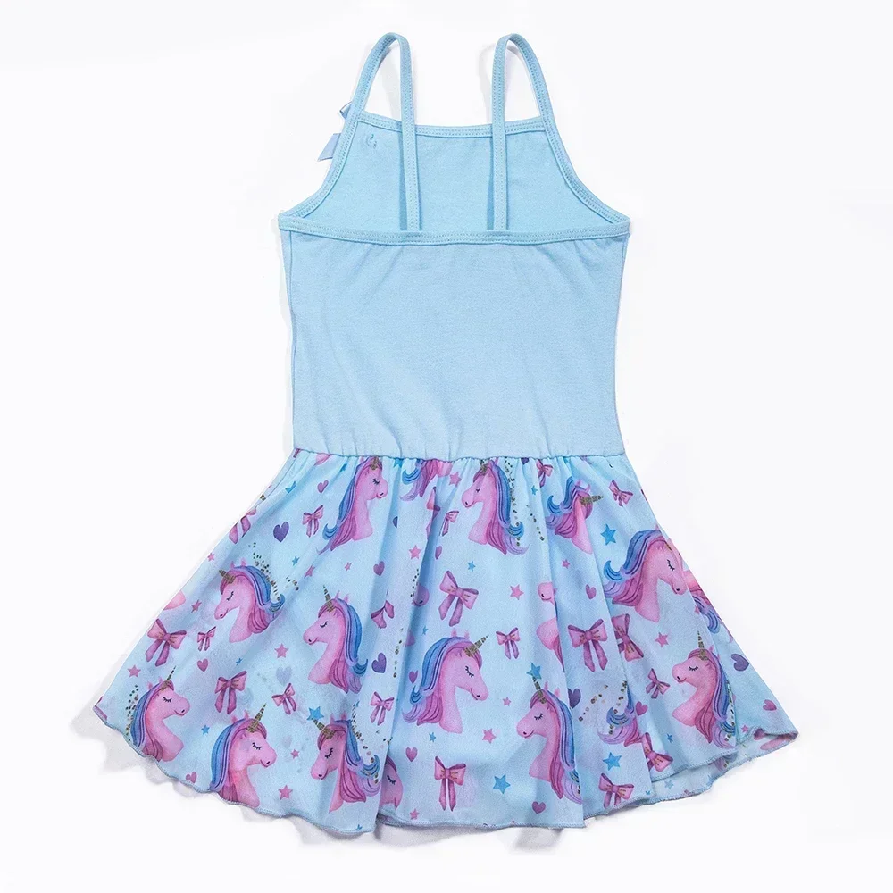 Балетные трико для девочек, танцевальное платье-бретелька с юбкой, тренировочный наряд для балерины с единорогом, без рукавов