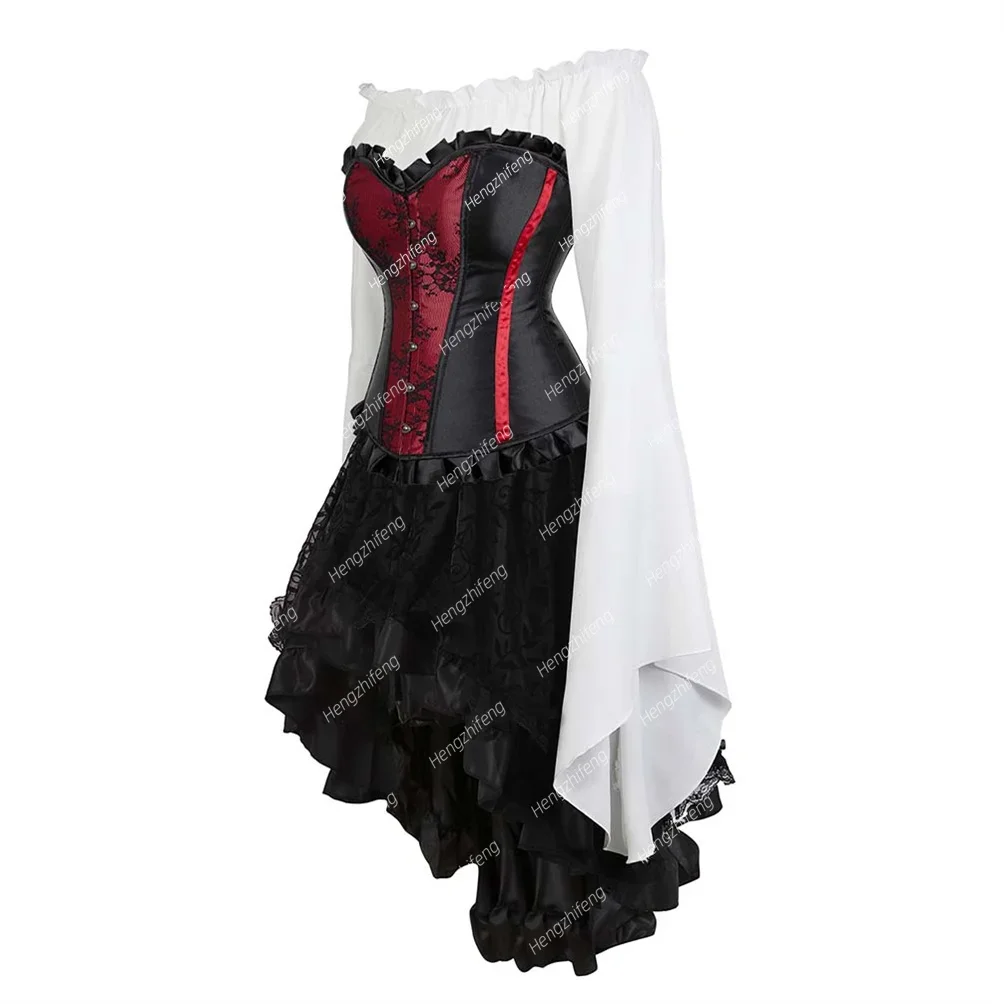 Gothic Bustier Dress Corset Shirts with Blouse Set for Women Front Lace Up Basque Vintage Corsage Costume Rave Costume Plus Size