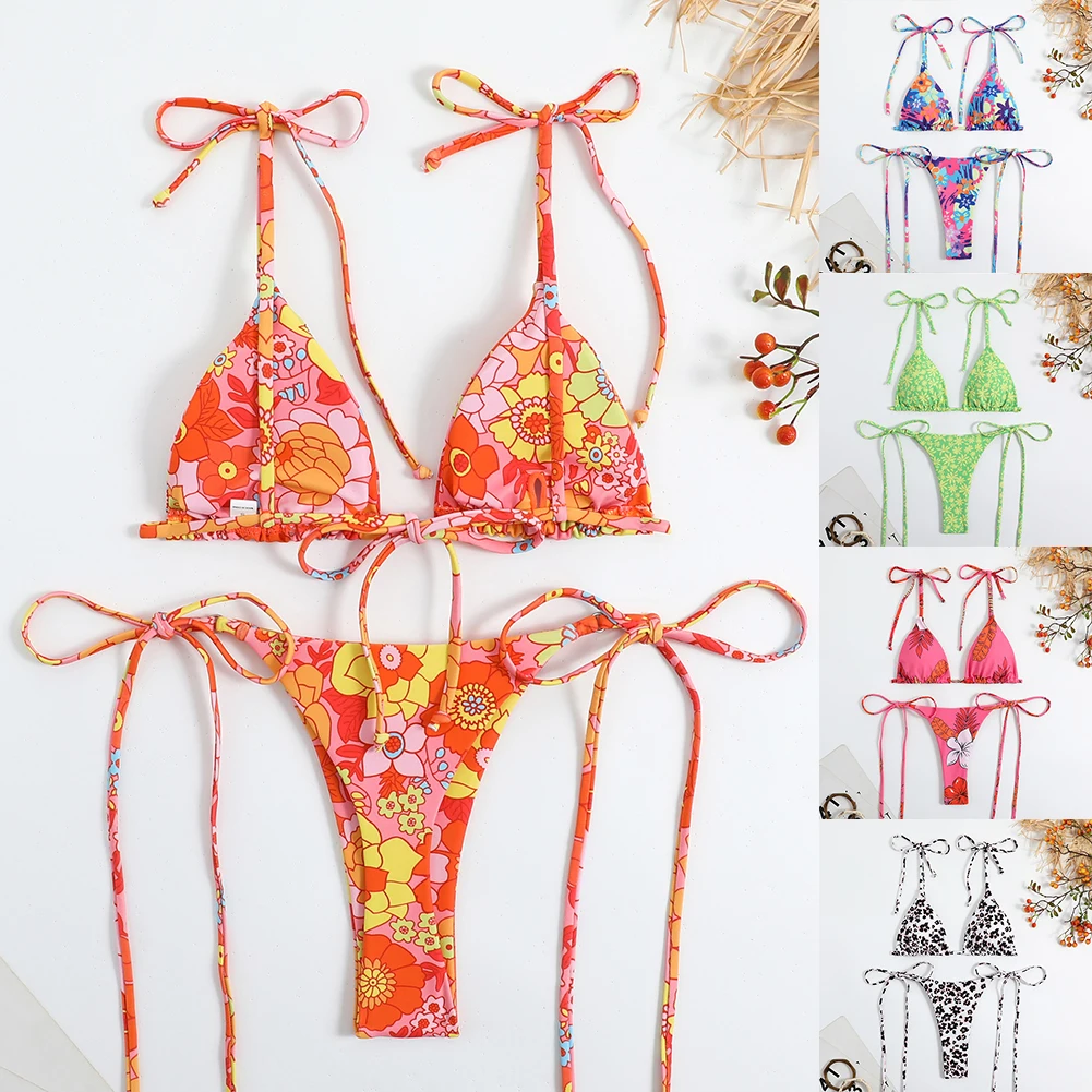 

2 Piece Set Bikinis Women Summer Fashion Floral Printed Sleeveless Halter Neck Lace Up Backless Thong Beach Vacation