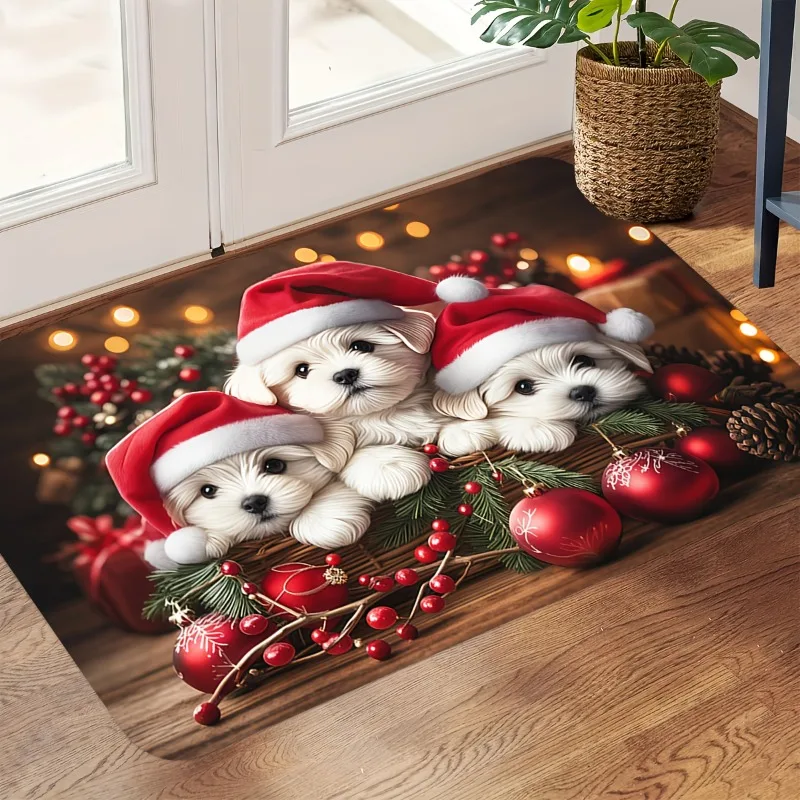 Cute Christmas Puppies Santa Hat Red Xmas Ornaments Berries Pine Cone Flannel Doormat Anti‑Slip Holiday Home Entrance Decor Rug