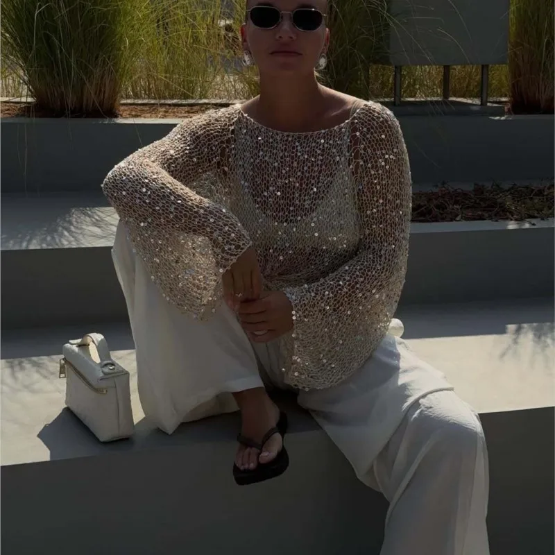 Fashion Sexy See Through Hollow Out Shiny Tops Women Round Neck Loose Sequins Glitter Pullover Hot Chick Chic Sequins Outfits