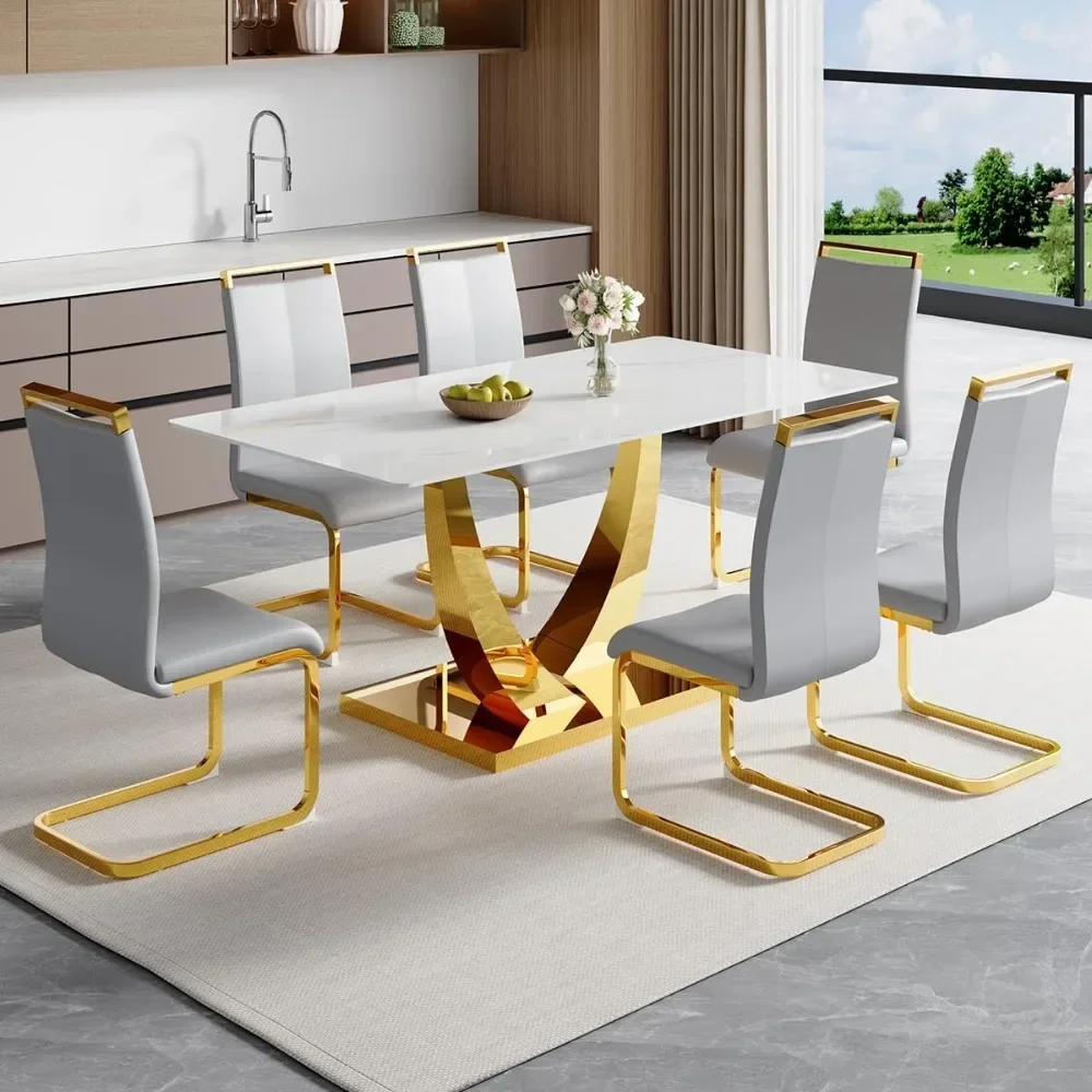 

Dining Room Table Sets ,Rectangle Kitchen Tables Set with Leather Chairs,with Tempered Glass Top ,Faux Marble Dinner Table Set