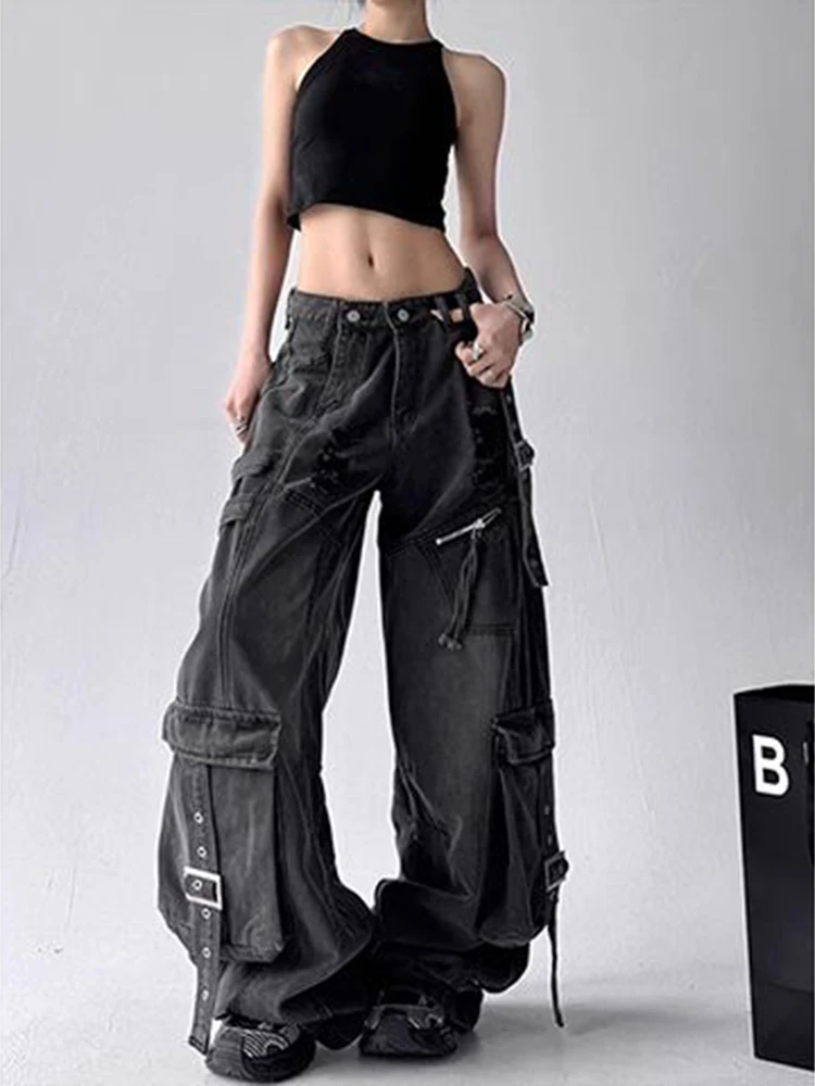 Mujer 2025 otoño nuevo diseño deconstructes tiras a la deriva agujeros rotos pantalones vaqueros negros Multi bolsillo calle pantalones de pierna ancha