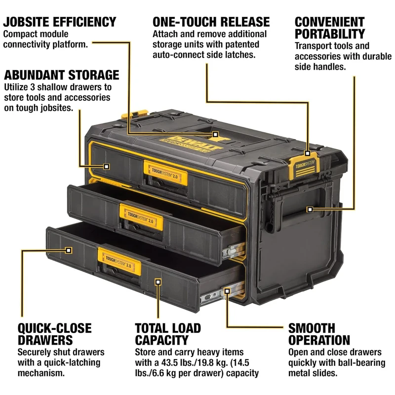 Imagem -05 - Caixa de Ferramentas Dewalt Quick-close Ball-bearing Metal Slides Toughsystem 2.0 Unidade de Gavetas Armazenamento Pesado Dwst08330