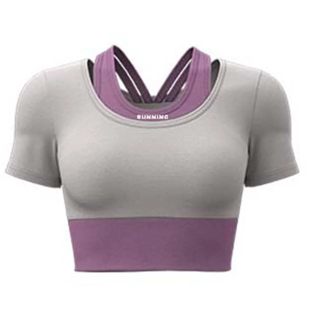 

Combined in One Sports Top with Bra Breathable Contrast Color Yoga T-shirt Tight Thickened Plus Size Short Top Pilates