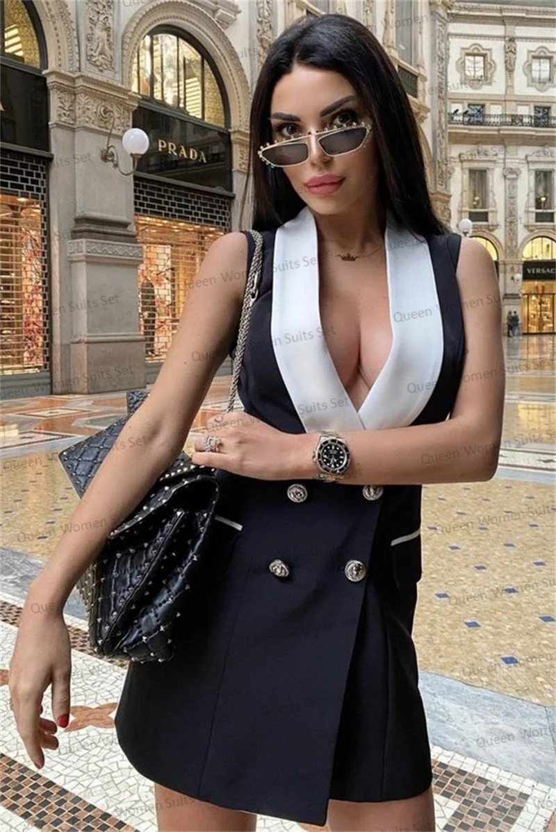 Summer Women Suits Dress Wedding Vest Black And White Stitching Color Custom Made Sleeveless Waistcoat V Neck Sexy Prom Gown