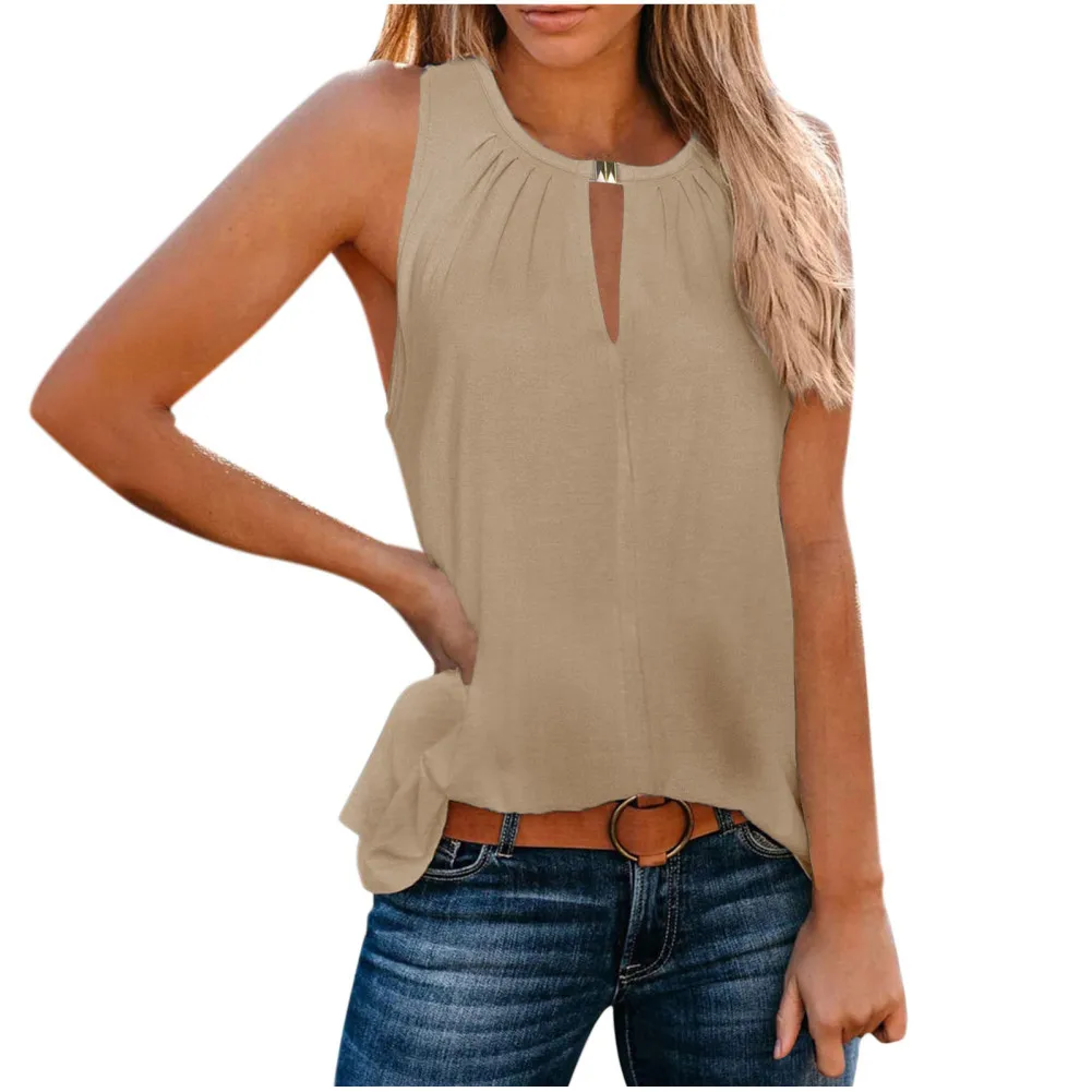 

Women's Round Neck Vests Summer Sleeveless Hollow Out Shirts Trendy Solid Color Loose Fit Tank Tops