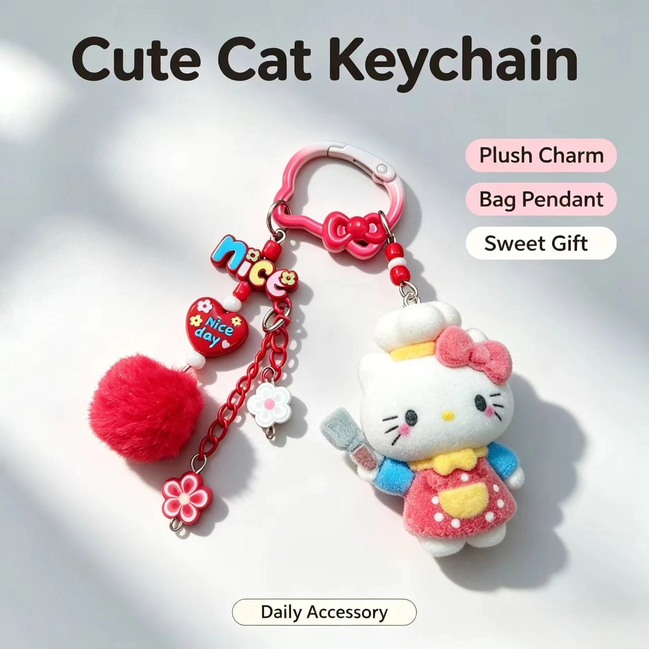 Fashion Flocked Cat Keychain Cute Chef Figurine Bag Accessory Pompom Pendant Women Fashion Key Ring Gift view 5