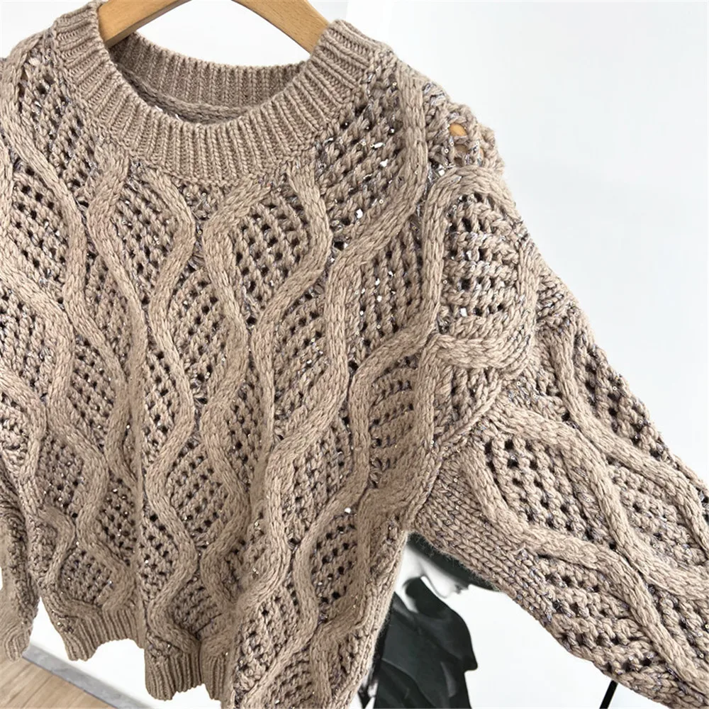 Women's 25 Autumn/winter Pullover Round Neck Long Sleeved Diamond Shaped Hollow Sequin Loose Cashmere Thick Knit Sweater