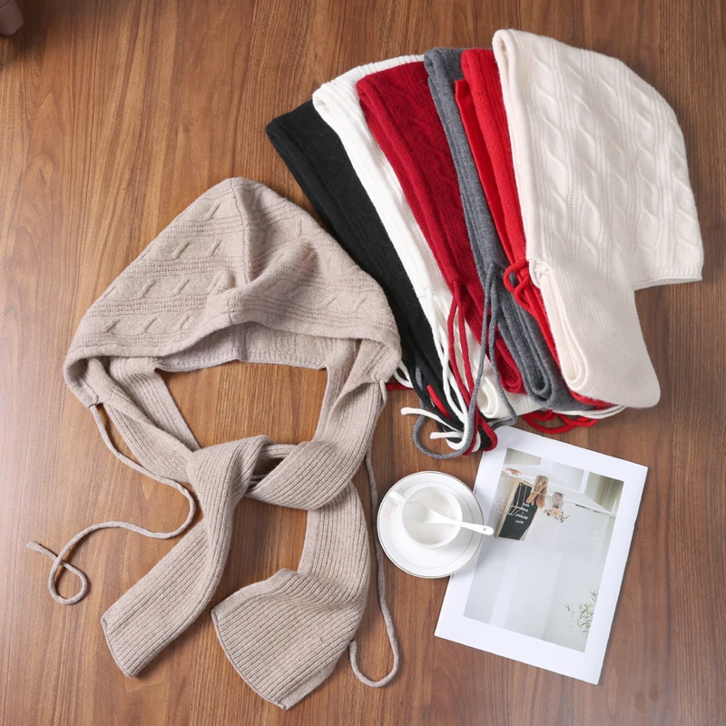 

Unisex 100% Knitted Cashmere Fried Dough Twists Drawstring Cape Hat Solid Color Neck-protect Decoration Elegant Casual Winter