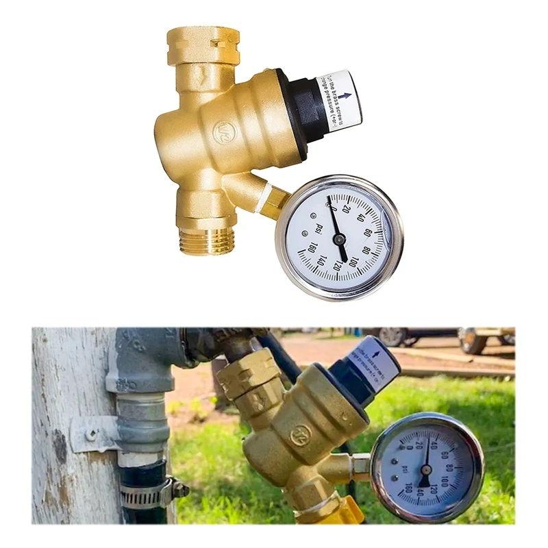 RV Water Pressure Regulator Valve Brass With Gauge And Inlet Screened Filter For Camper Trailer