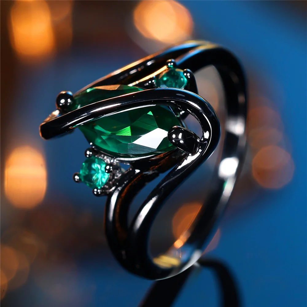 Trendy Cute Female Green Zircon Stone Ring Vintage Fashion Black Gold Color Wedding Jewelry For Women