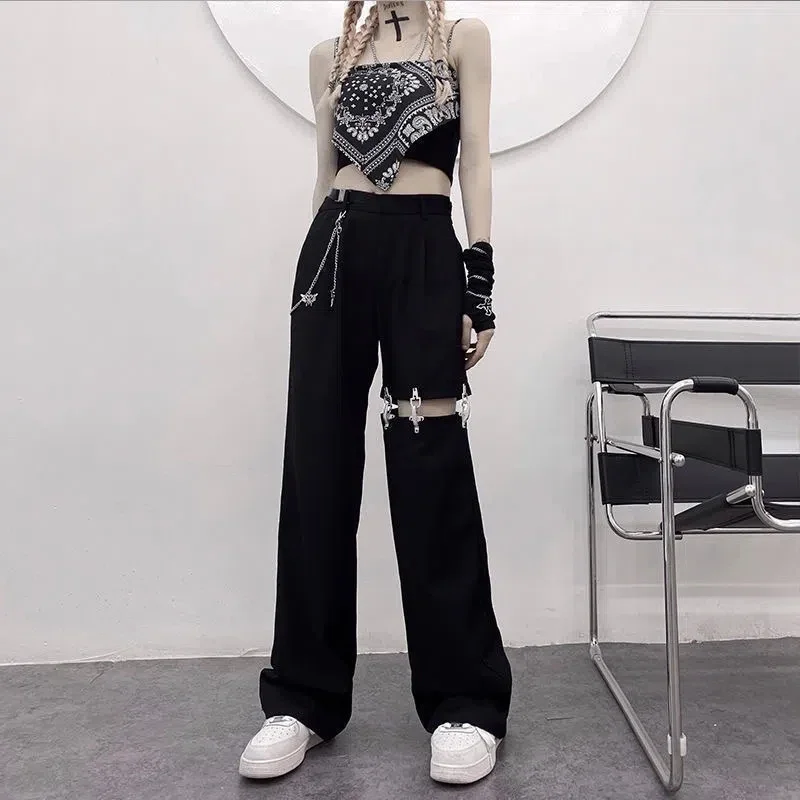 MEXZT Harajuku Hollow Out Wide Leg Pants Women Chain High Waist Straight Trousers Spring Hip Hop Streetwear All Match Trousers