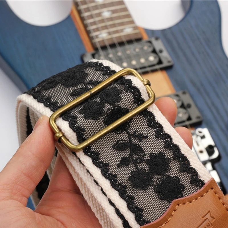 Adjustable Guitar Strap Black Lace Nylon Shoulder Strap Leathers Ends Guitar Straps for Bass, Electric & Acoustic DropShipping