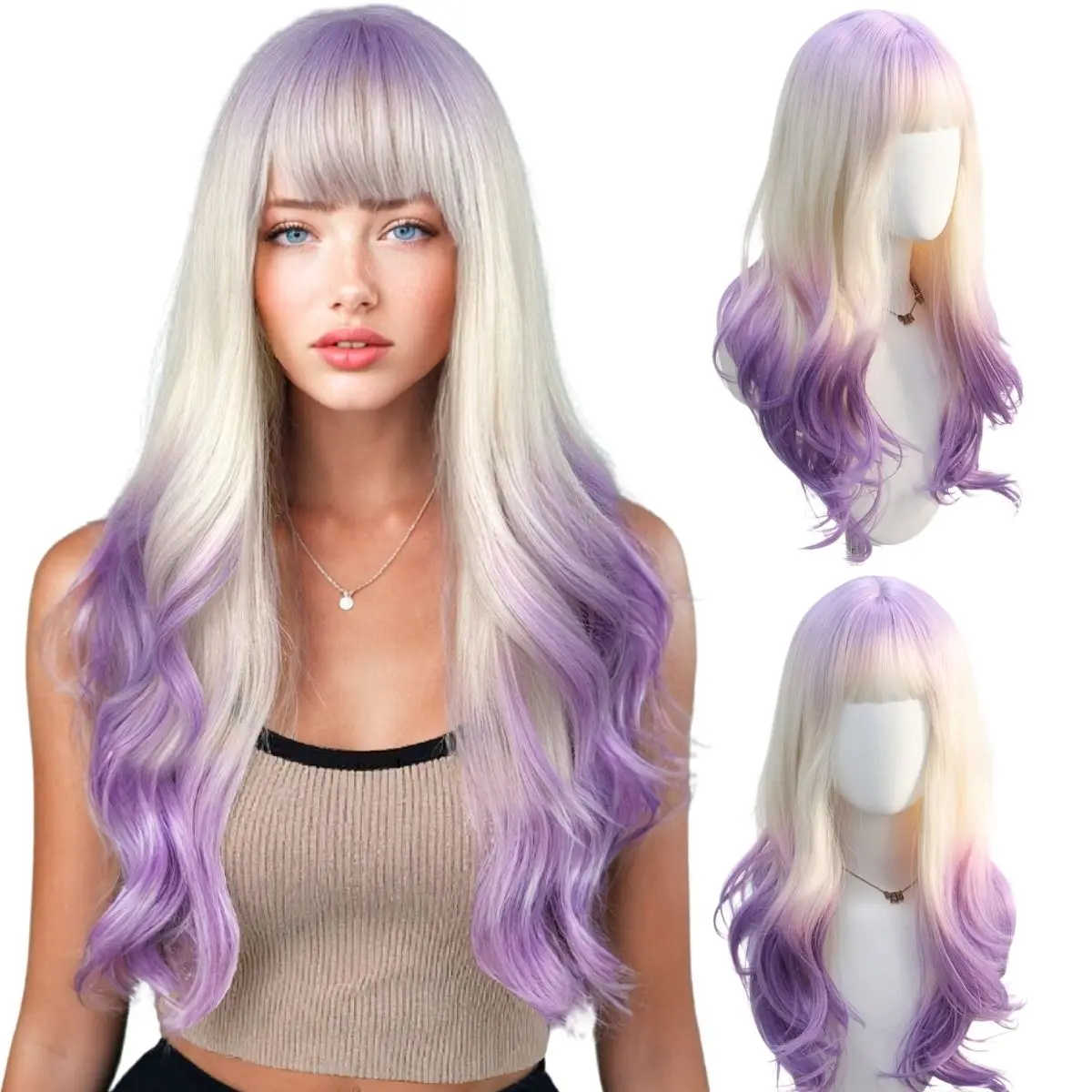 

Purple Gradient Blunt Bangs Long Curly Wig - Dreamy Fairy-Tale Purple Hair, Versatile for Daily, Party & Stage