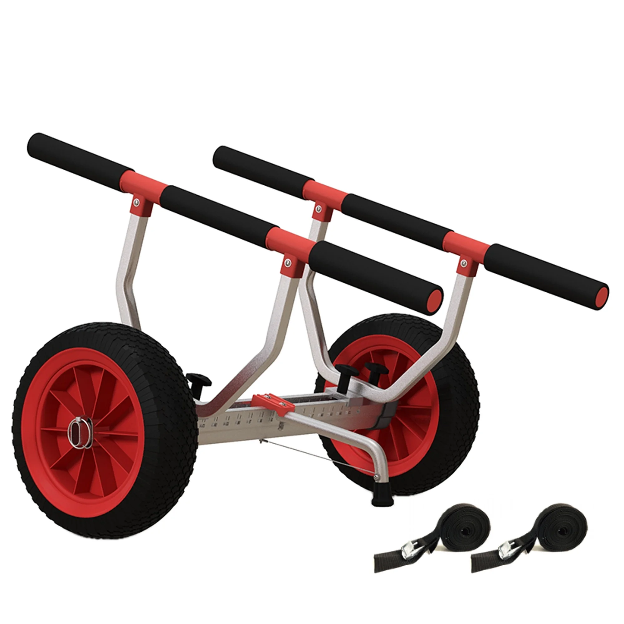 Carrito de transporte SPORTNOW para kayak, tabla de paddle surf y canoa con ancho ajustable, ruedas grandes y un marco de aluminio negro y rojo.