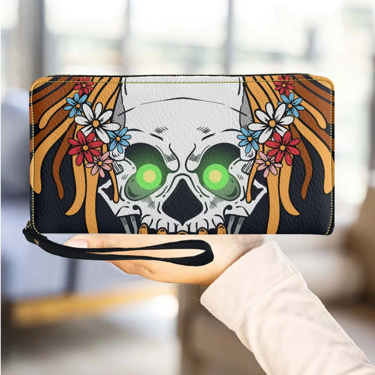 

Gothic Tribal Skull Print Leather Long Wristlet Wallet Luxury Party Clutch Wallet Lightweight Multipurpose Card Holder Bolsas