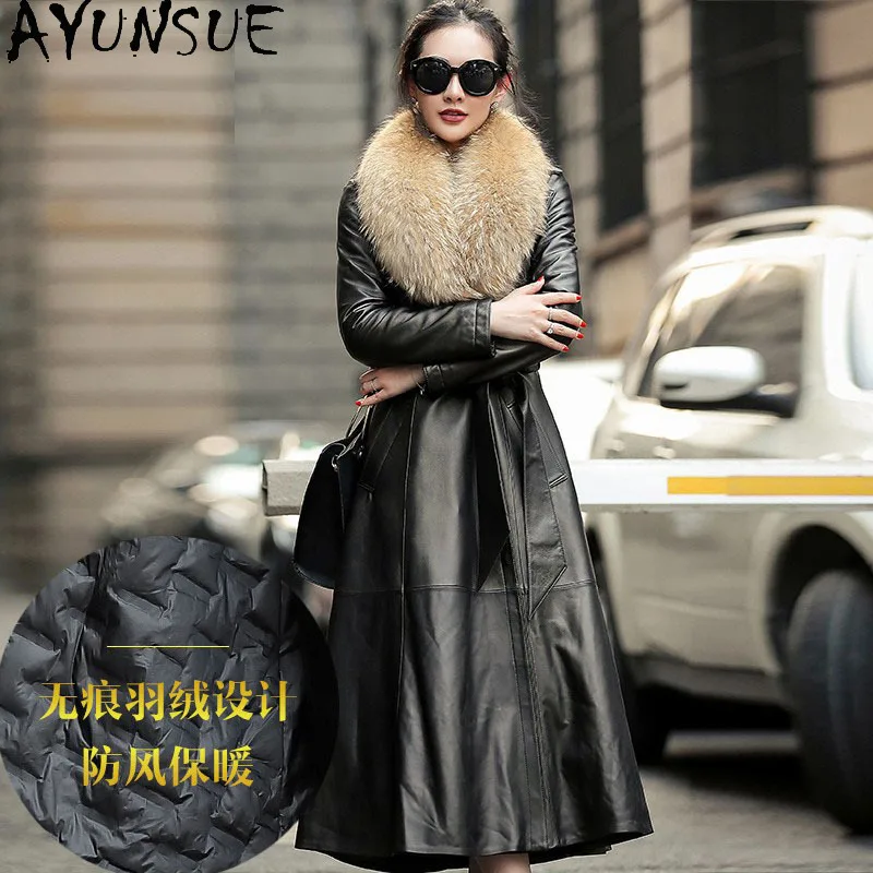 AYUNSUE Sheepskin Genuine Leather Jacket Women Warm 90% Down Coat Womens Coats Long Style Winter Clothes Raccoon Fur Collar 2025