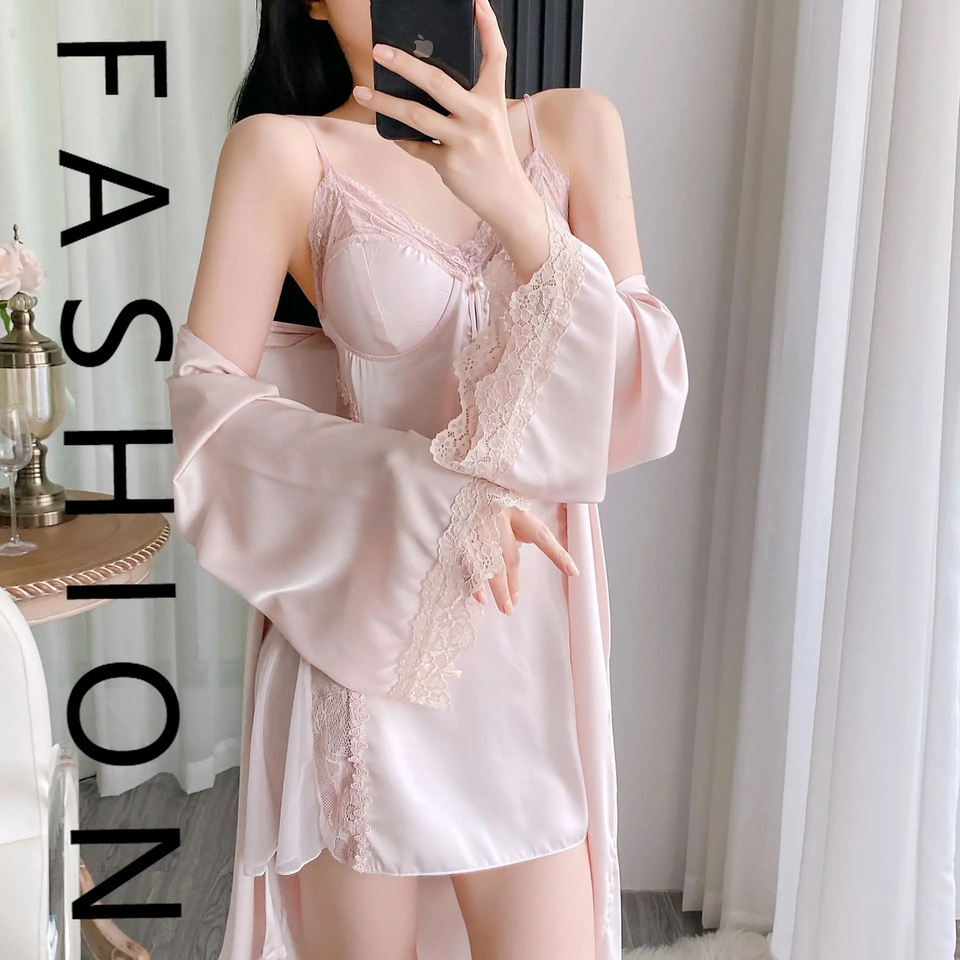 

Французская ночная рубашка из ледяного шелка, женская летняя новая сексуальная кружевная пижама на подтяжках, сказочный ветер с нагрудником, пижама, одежда для дома, новинка