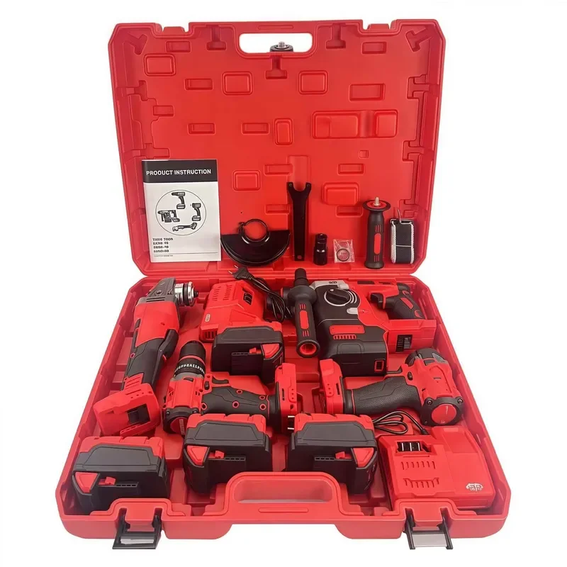Trade China-made Lithium-rechargeable Battery Tool Set Rotary Hammer Wrench Drill Angle Grinder4/6-piece Multi Tool