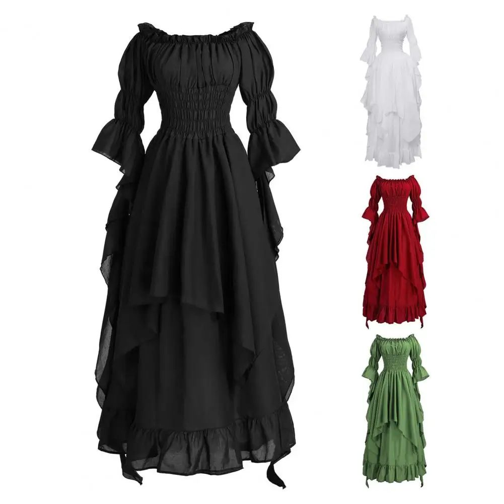 

Women Ball Gown Gothic Off Shoulder Horn Sleeves Irregular Layered Pleated Princess Dress Solid Color Elastic Tight Waist Dress