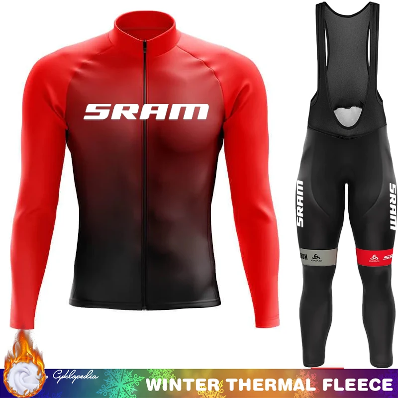 SRAM Triathlon Winter Fleece Cycling Jersey Sportswear Set Thermal Bicycle Clothes Bib Uniform Man Clothing Men's Mountain Bikes