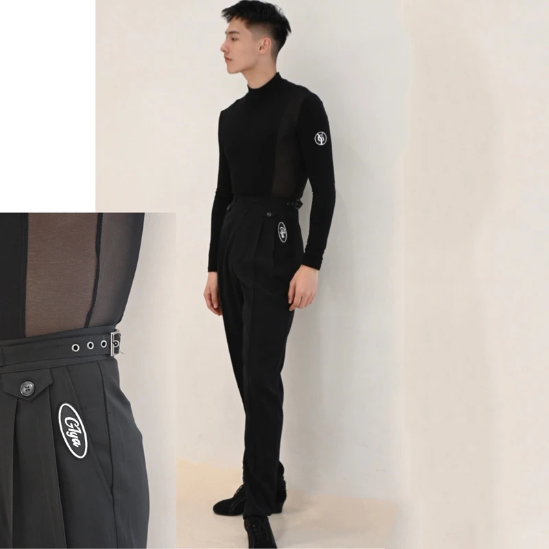 2025 Pantaloni da ballo latino per uomo Abiti da pratica neri a vita alta Pantaloni da ballo moderni Chacha Rumba per adulti Abbigliamento latino DQS15443