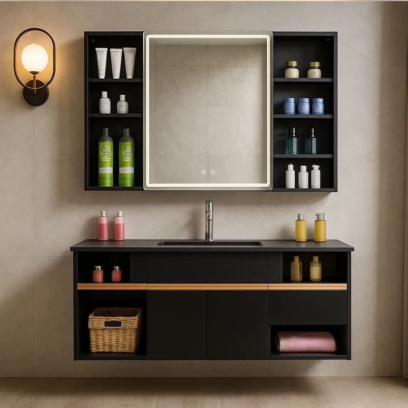 

fj-Modern Smart Mirror Bathroom Vanity Basin Black Cabinets for Hotel Apartment Villa Premium Lighting-for Home Use@