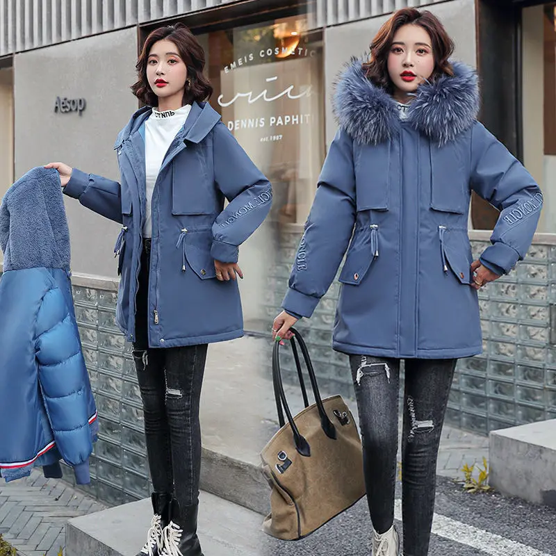 2023 New Women Down Cotton Coat Winter Jacket Female Mid Length Version Parkas Loose Thick Plush Outwear Fur Collar Overcoat