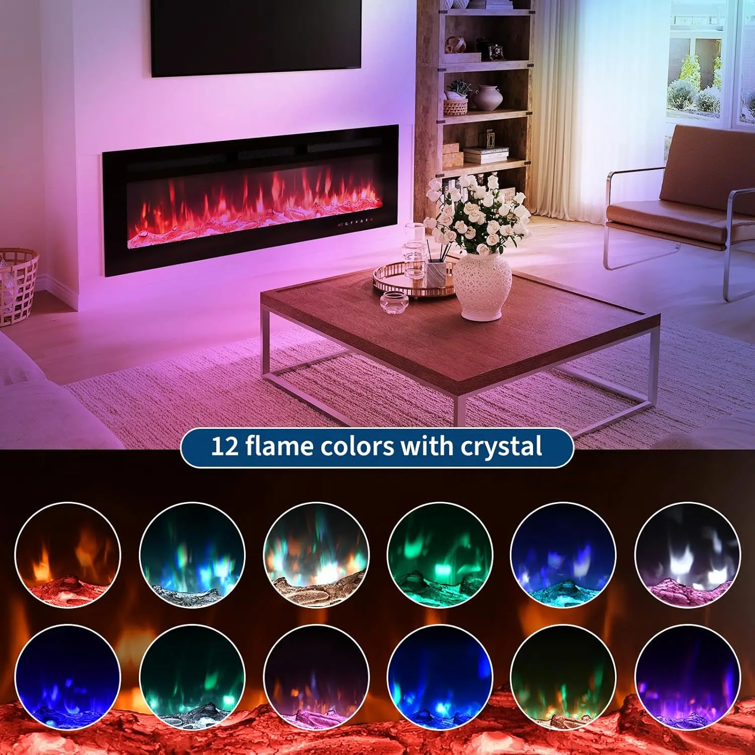 Image of Elektrischer Kamin-Einsatz mit 3D-LED-Flammen, 12 Farben & 5 Helligkeitsstufen, 900/1800W Heizung, Wandmontage oder Einbau, 30"40"/50"