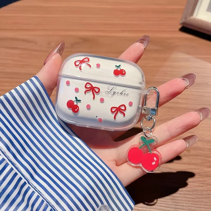 Preciosa funda para auriculares con diseño de cereza para Apple Airpods Pro 2 1, con colgante de cereza, funda protectora de silicona para Airpods de 3ª y 4ª generación.