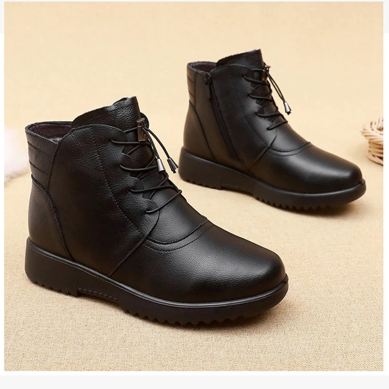 Winter Women Genuine Leather Flats Non-slip Ankle Boots Female Thick Plush Warm Snow Boots Mother Waterproof Non-slip Booties