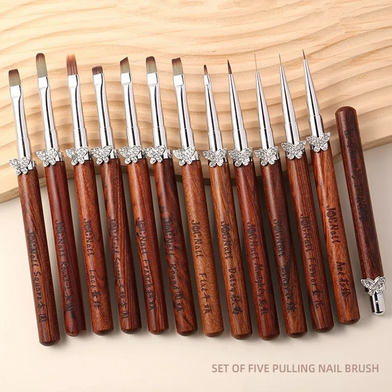 12Style Butterfly Buckle Round Wood Handle Nail Art Brush Painting Line Pen Liner Gradient Flat Round French Manicure Tools