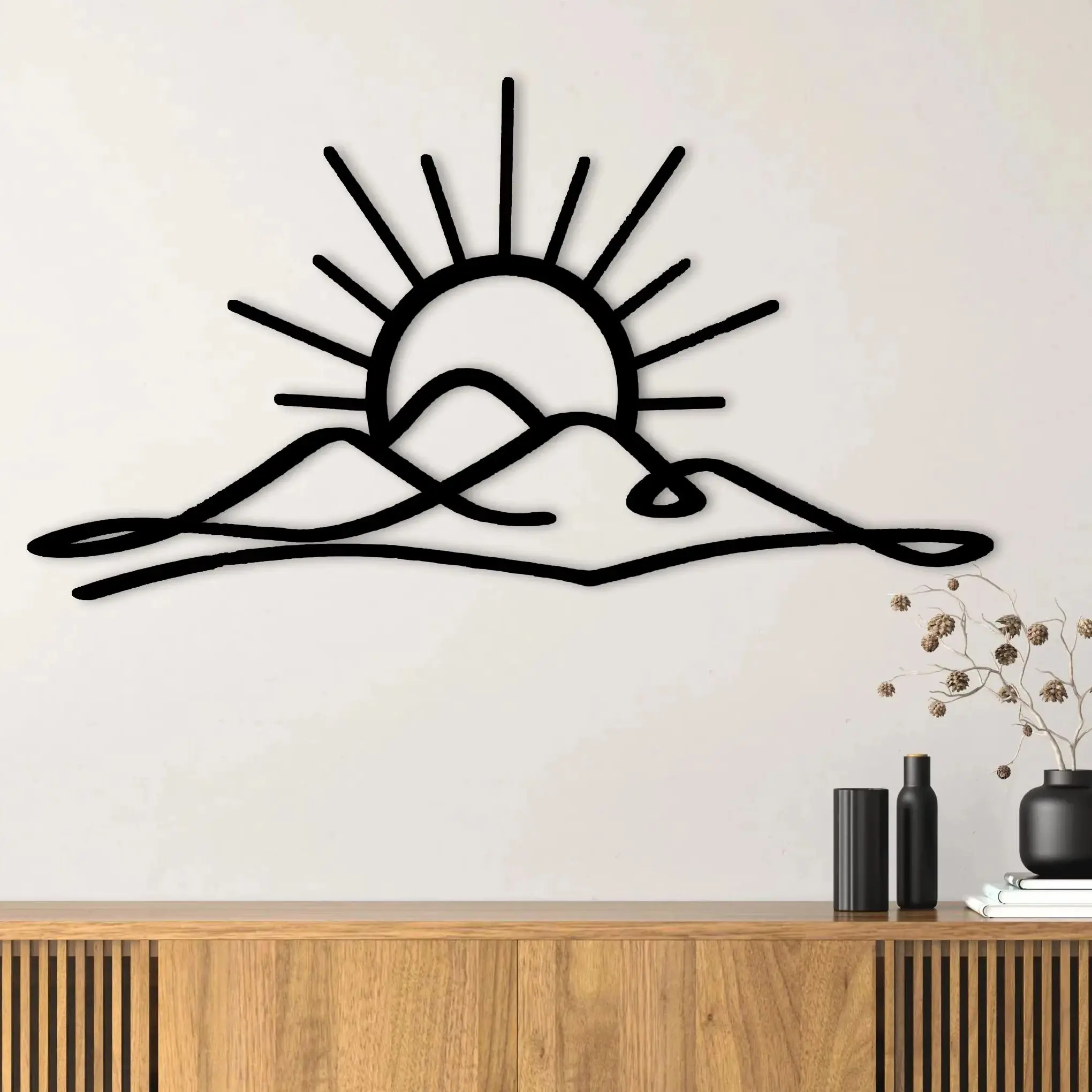 

Sunset Wall Art Metal Decor Sun Behind Mountains Boho Wall Hanging