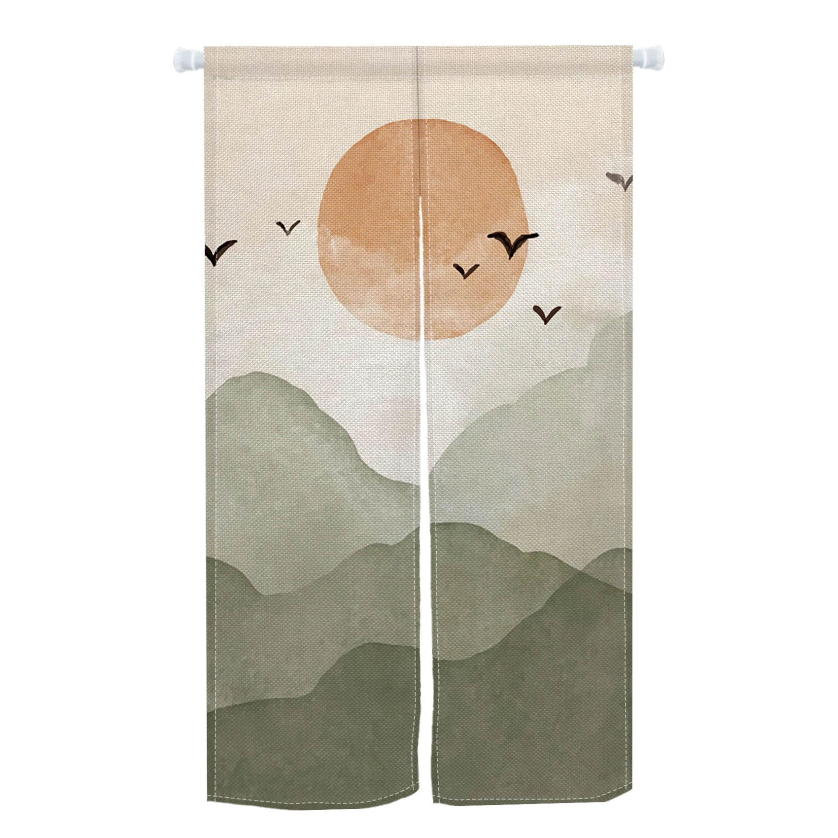 Noren Japanese Style Door Curtain Sun Mountain Birds Plants Nature Scenery Bedroom Kitchen Entrance Half-split Door Curtain
