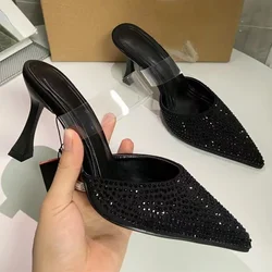 Designer Luxury High Heels Sandals Woman Elegant Shiny Diamond Black Fashion Mules Slingback PVC 2024 Summer Shoes for Ladies