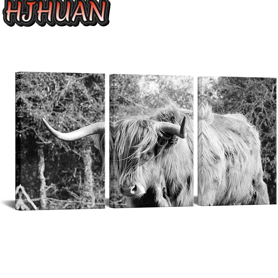 

3pcs Black and white animal art, Dutch highland cattle Diamond Painting Full Square Diamond Pictures Of Rhinestones Home Decor