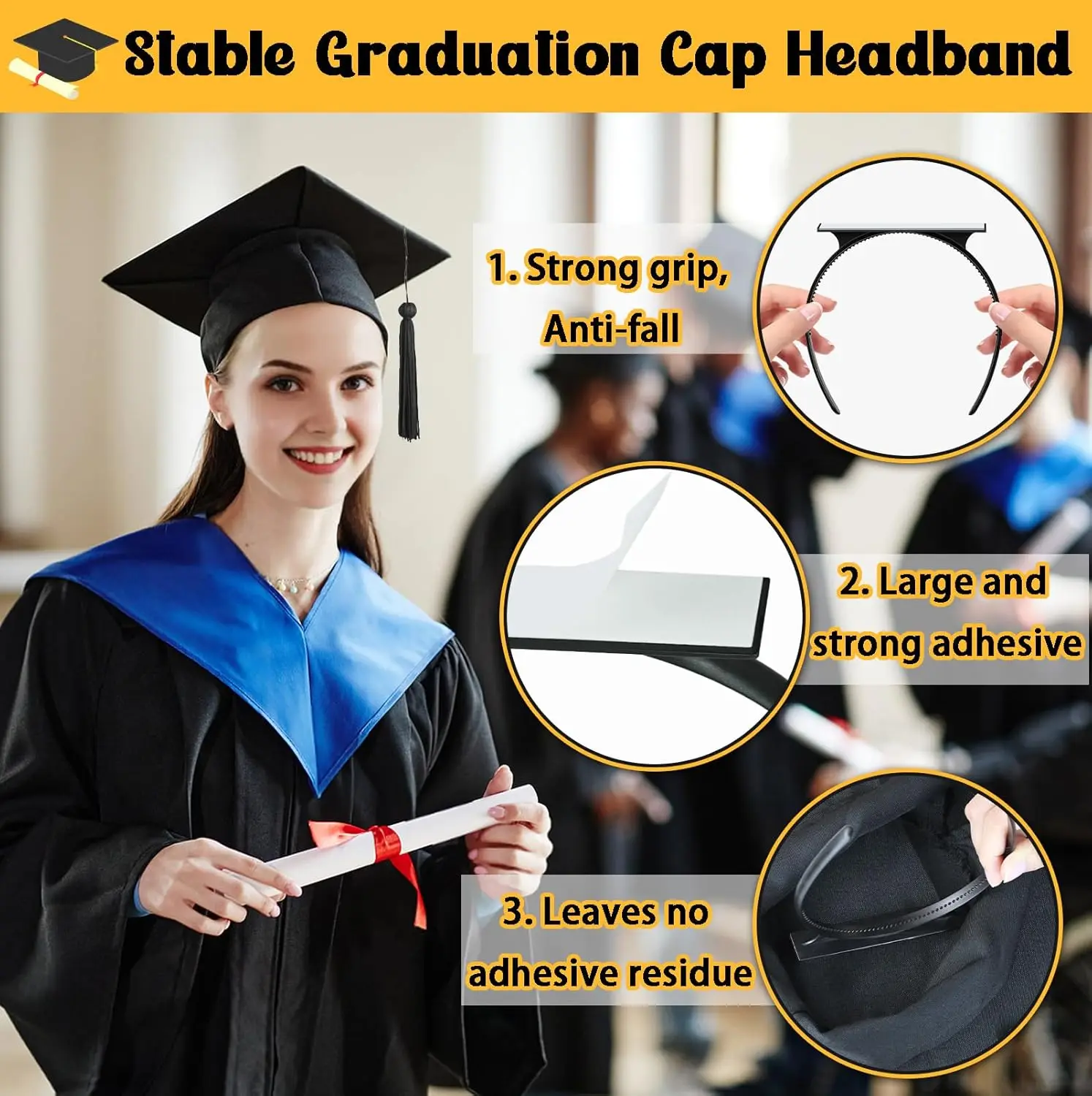 1 - 10 pcs Graduation Cap Headband Insert - Secures Grad Hat & Keeps Hairstyle, Upgraded Interior Design Grad Cap Headband