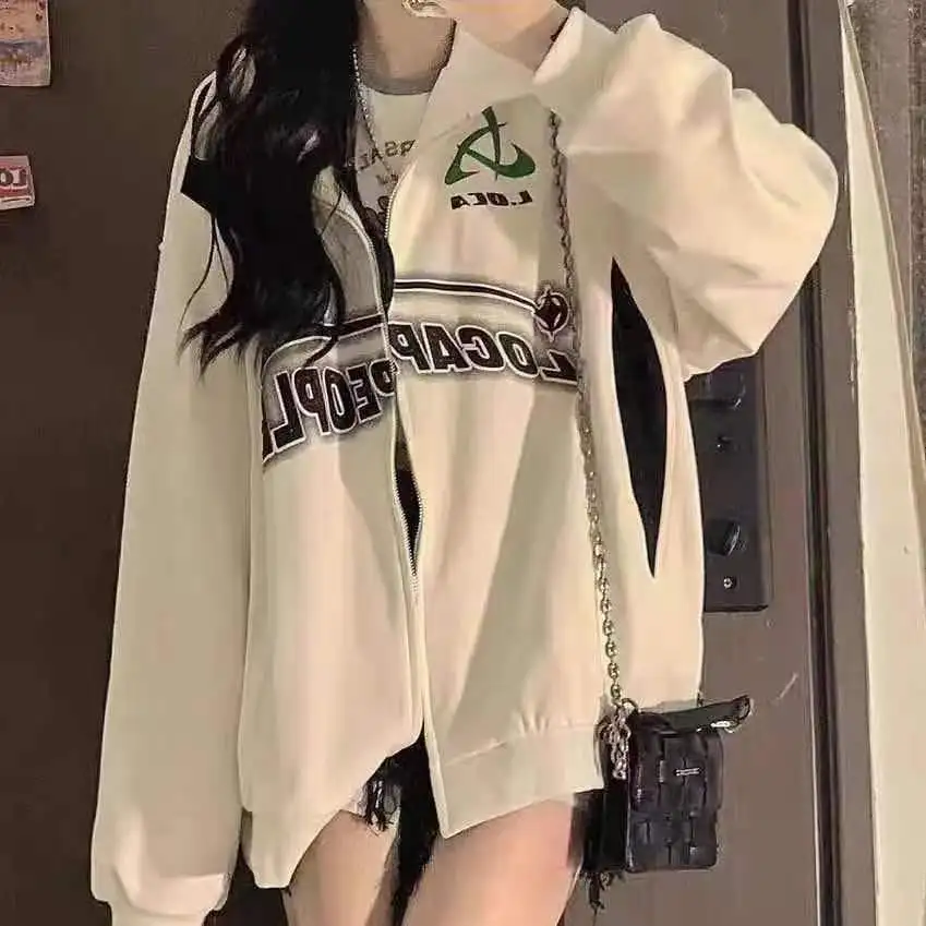 y2k top Vintage Oversized Women Sweatshirts Grunge Y2k Korean Streetwear Green Black Zip Up Hoodies Female Hip Hop Fashion Tops