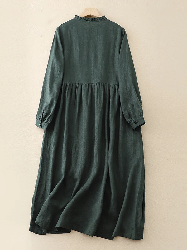 เดรสผ้าฝ้ายผสมลินินแขนยาวทรงหล - Casual Loose Linen Shirt Dress บทวิจารณ์และราคา