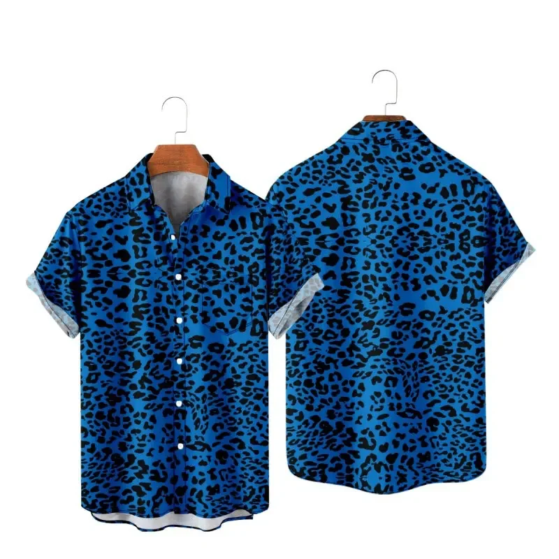 Camiseta de leopardo havaiana masculina estampada, roupas grandes casuais de manga curta para praia, camisa Y2K, estampa 3D, camisa de praia