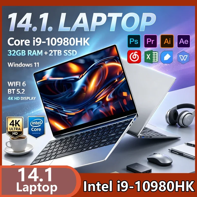 Intel i9-10980HK 14.1 Thin Laptop 32GB RAM 2TB NVMe SSD Win11 4K WiFi6 BT5.2 Notebook Gaming Office Graphic Design Daily Work