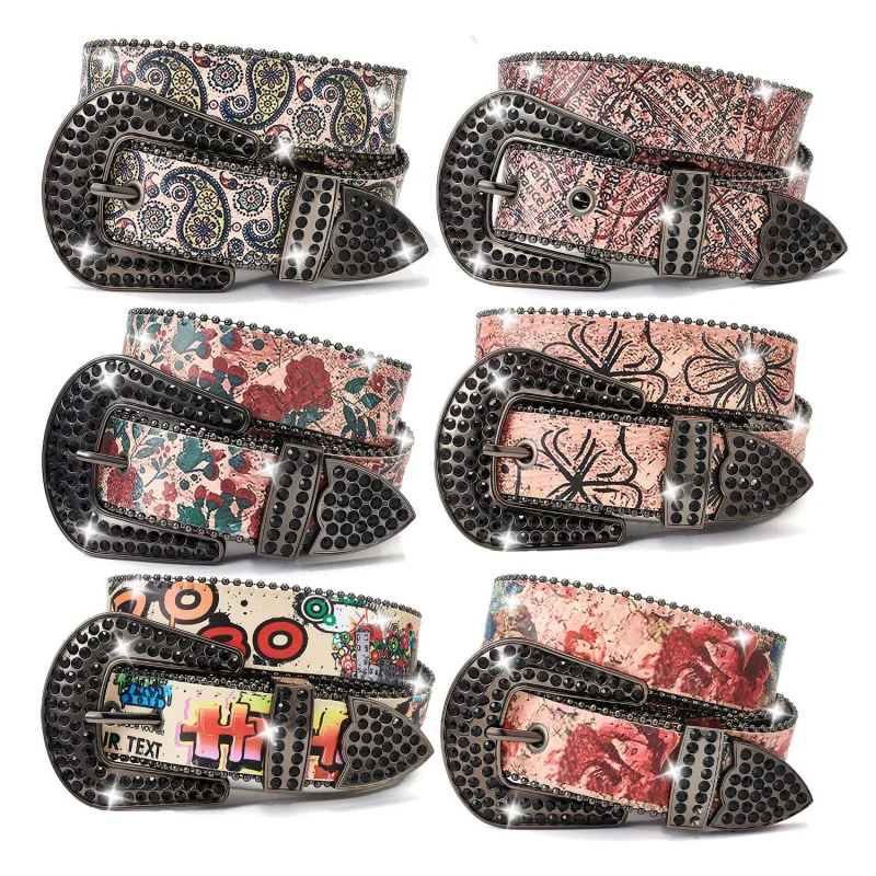 

Fashion Trendy Painted Western Rhinestone Belt for Women Pin Buckle PU Leather Women Belt