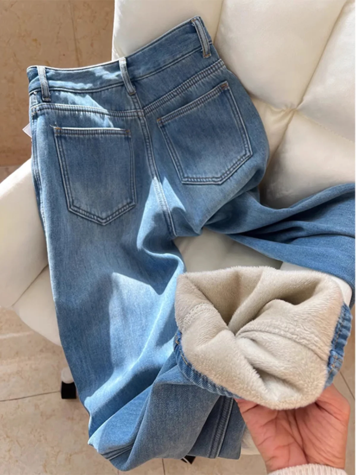 High Waist Fce Lined Thi Straight Leg Jeans Women's Autumn New Sle Loose Slim Wide Leg Pants Floor Length Trousers