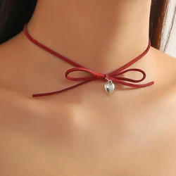 Trend Wedding Party Jewelry Red Ribbon Choker Necklace For Women Elegant Bow Heart Pendant Beach Vacation Valentine's Necklaces