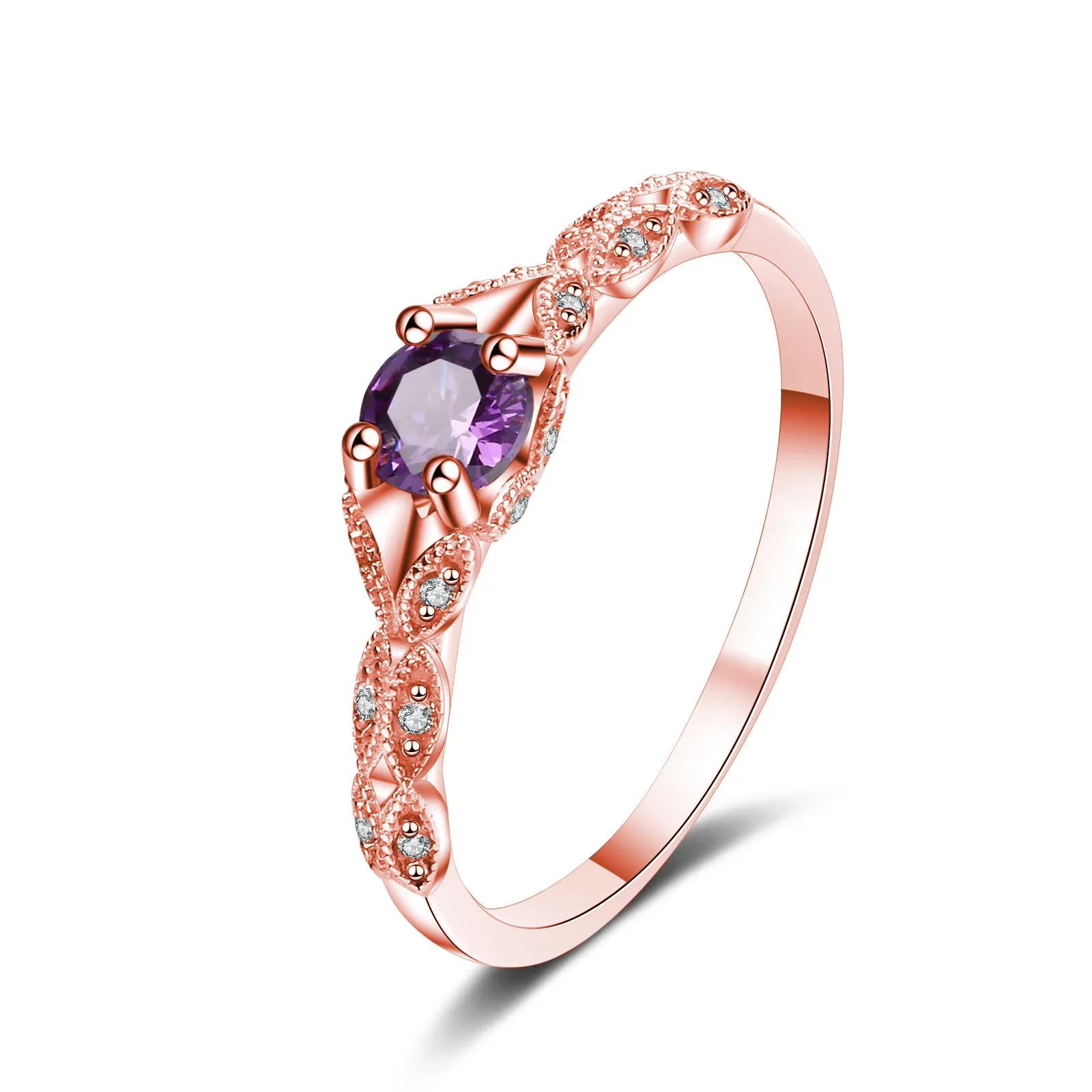 Sterling Silver European and American Simple Light Luxury Style Amethyst Rose Gold Zirconia Women's Ring Turkish Rings view 2