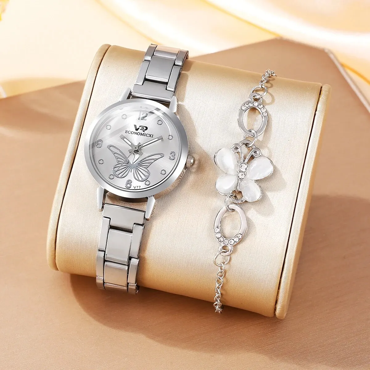 2Pcs Ladies Fashion Simple Trend Butterfly Digital Pointer Steel Band Quartz Watch Cat Eye Butterfly Diamond Bracelet Set