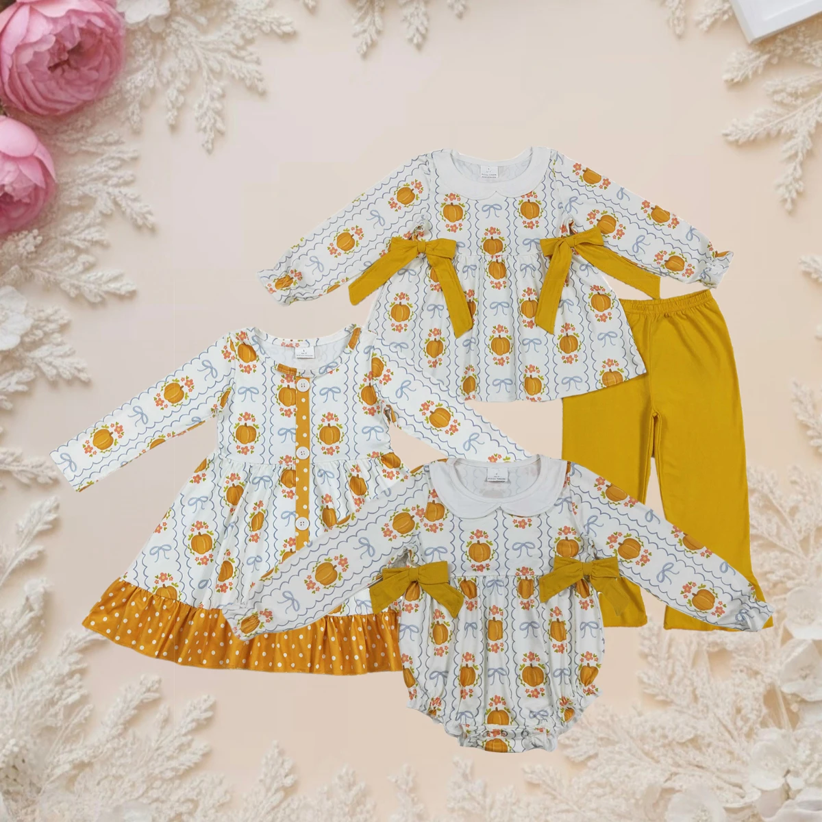 Hot Sale Baby Girls Fall Clothes Pumpkins Bows Stripes Tunic Top Pants Set Sibling Match Kids Clothing Girls Dress Baby Rompers